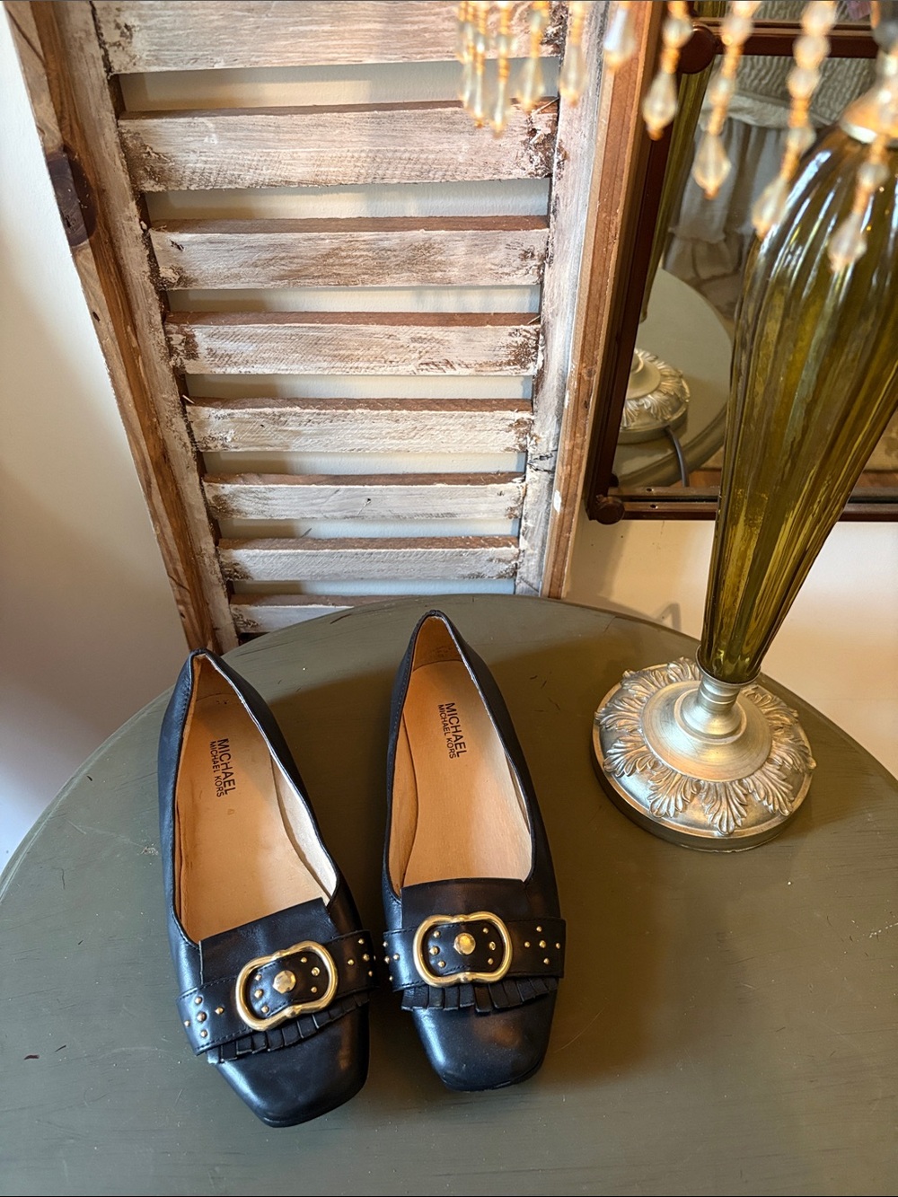 Michael Kors Black Leather Flats with Gold Buckle Detail
